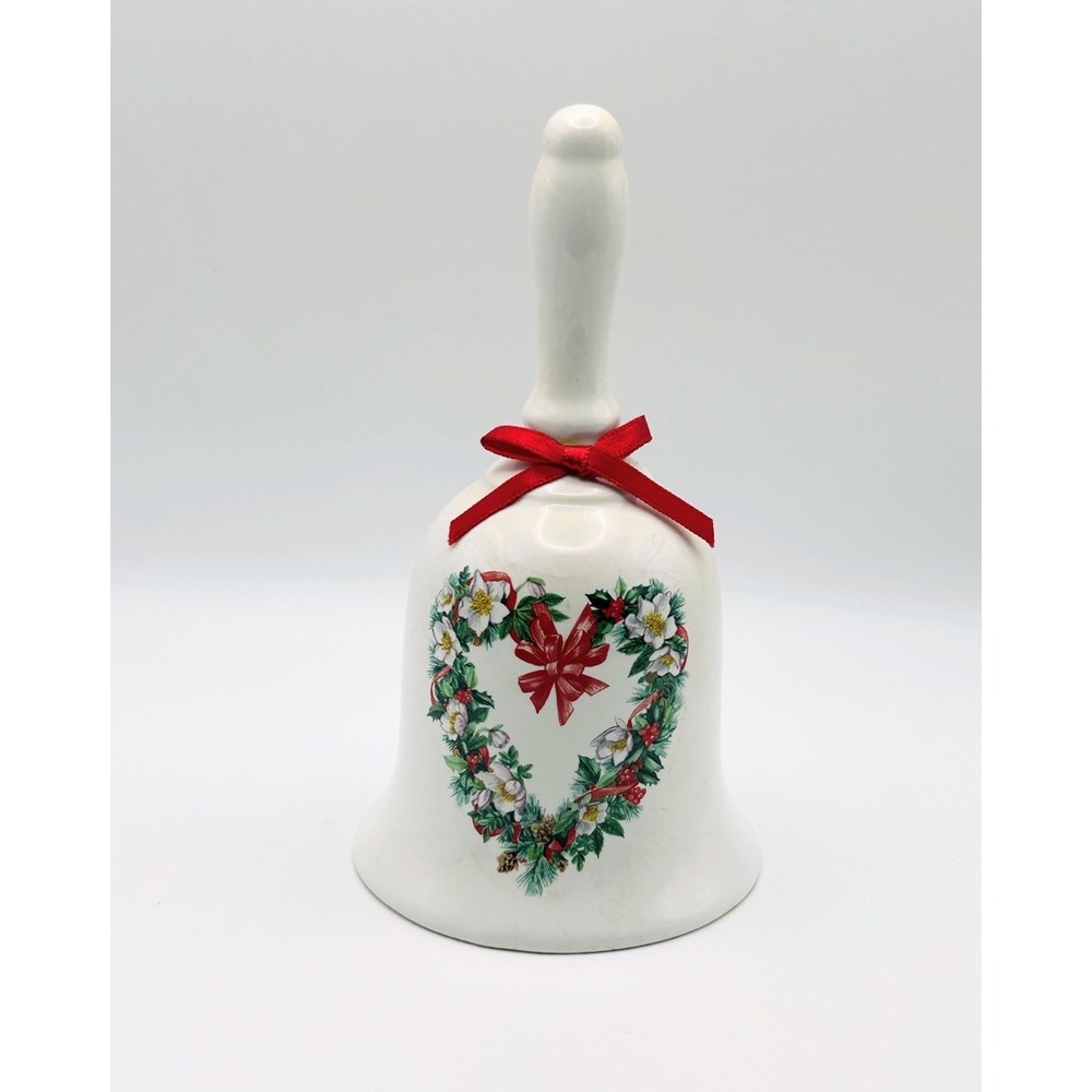 Vintage AGC Christmas Bell Ceramic Heart Wreath Holly Gold Script Message 6"